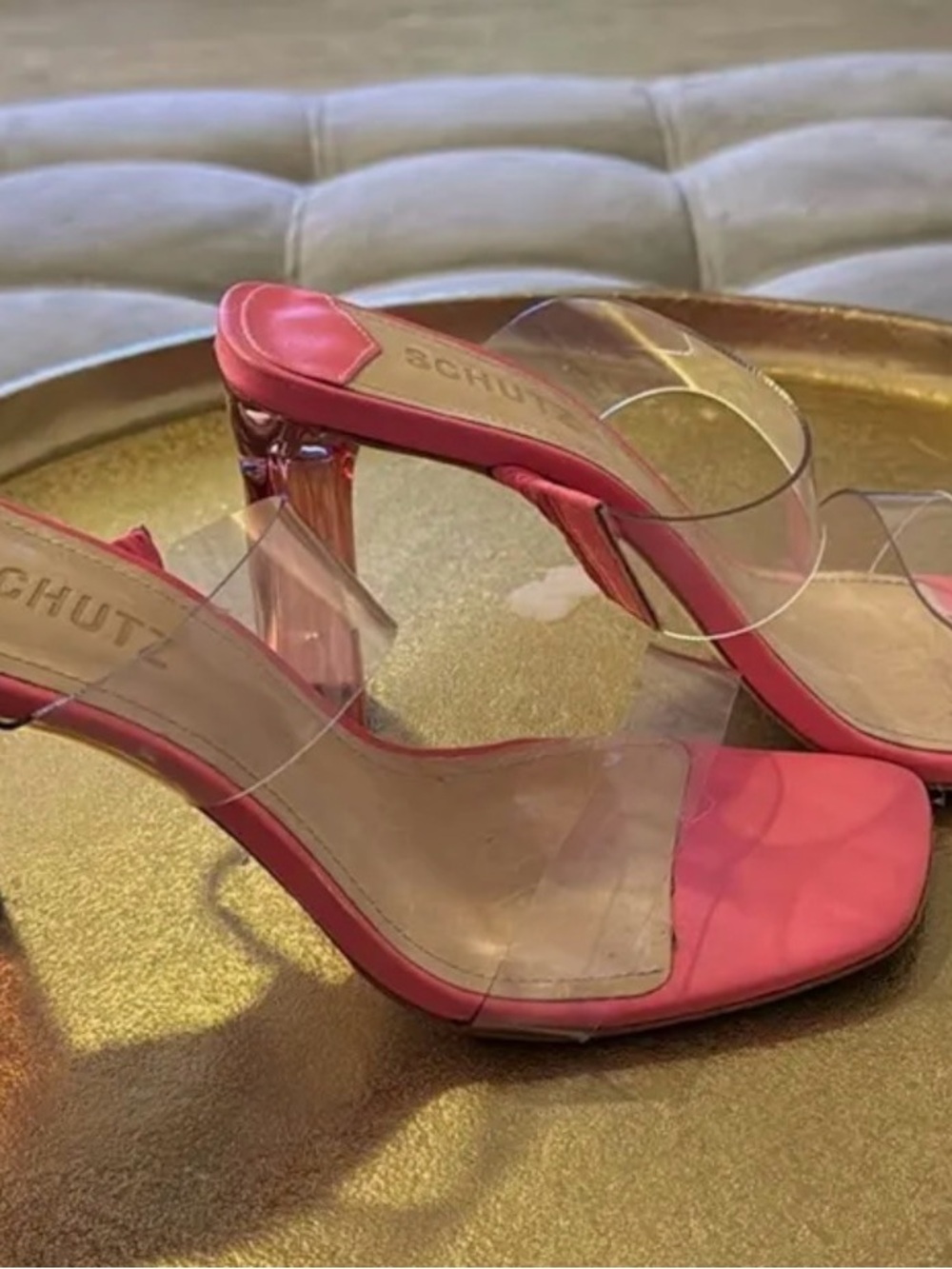 SCHUTZ Pink Clear Strap Mule Heels